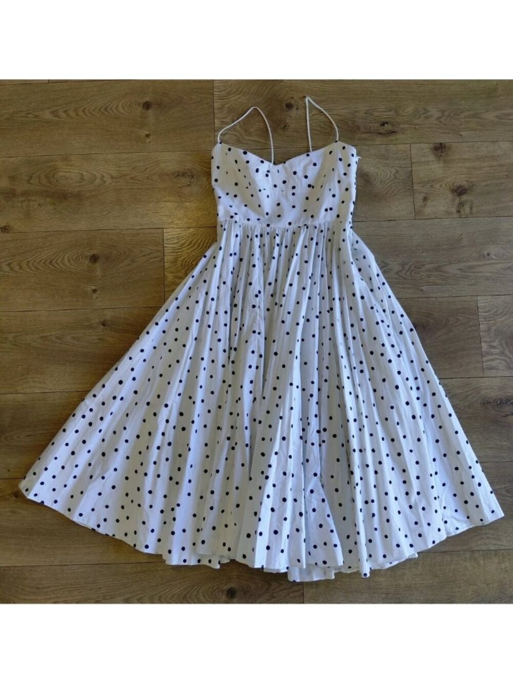 Khaite Midi Sundress Spaghetti Straps White with Navy Blue Polka Dots Size 6